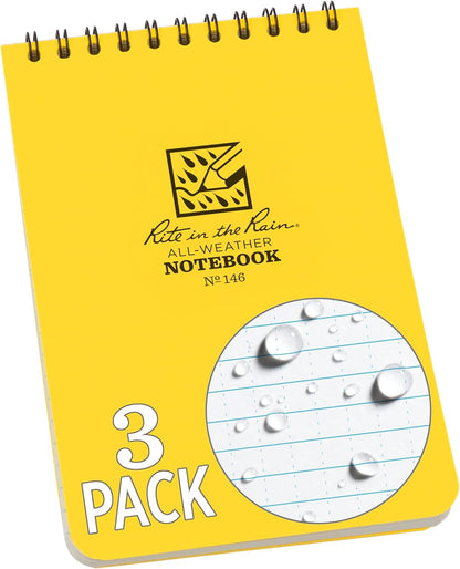 Rite in the Rain Weatherproof Top Spiral Notebook, 3" x 5", Black Cover, Universal Pattern, 3 Pack (No. 735-3X)