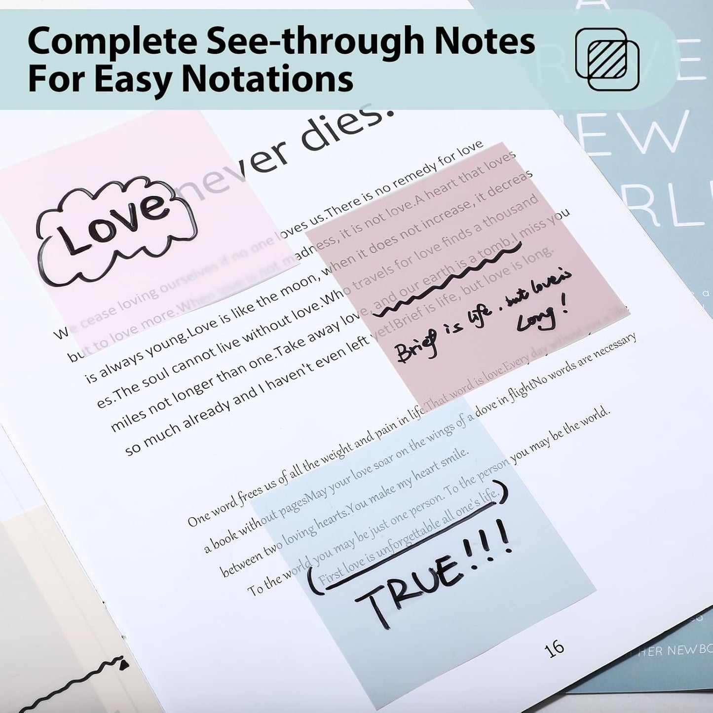 Transparent Sticky Notes - Pastel Color Clear Sticky Notes, 3x3 inch, Waterproof, 300 Sheets for College, School & Office