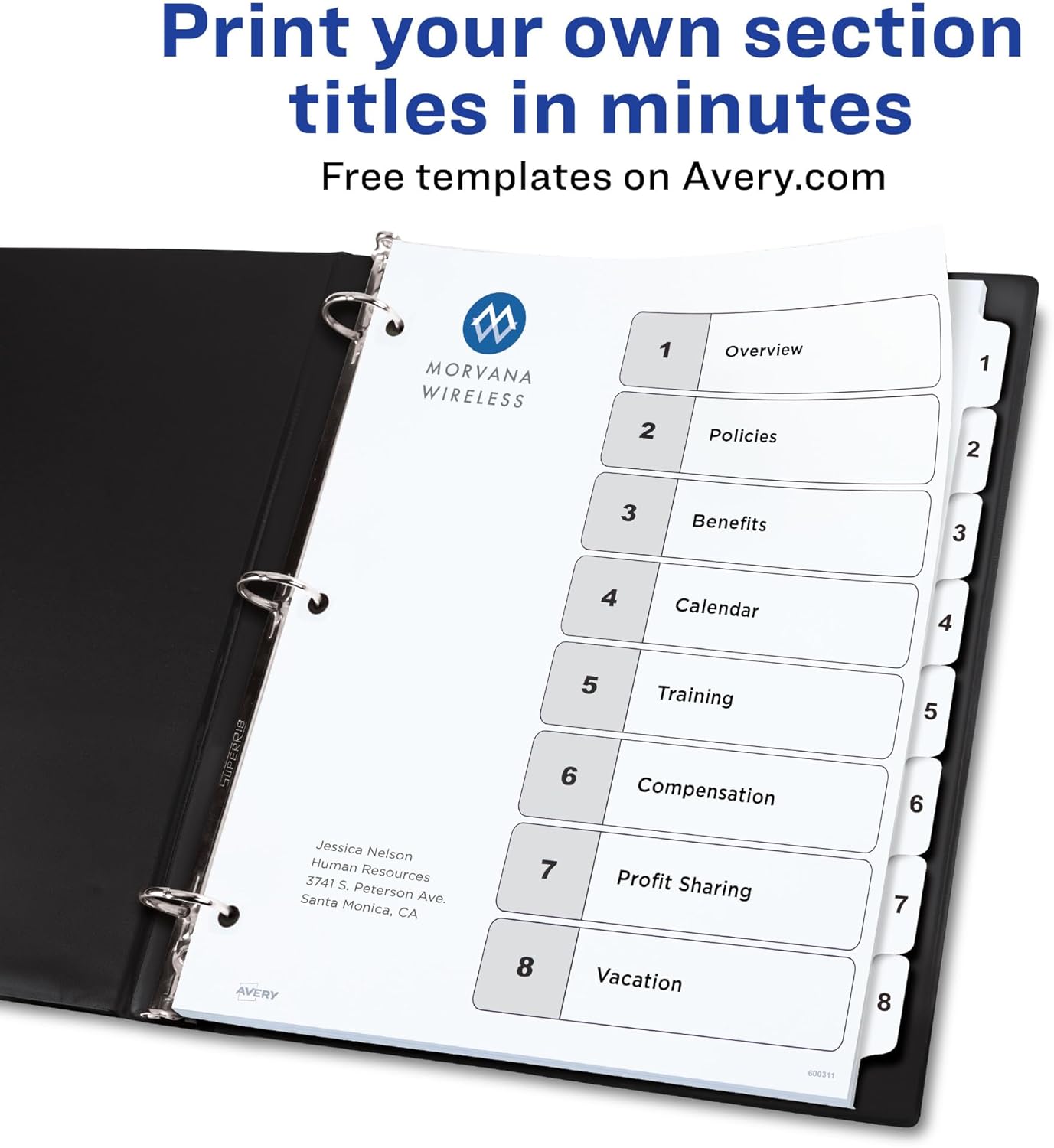 Avery 8 Tab Dividers for 3 Ring Binders, Customizable Table of Contents, Classic White Tabs, 6 Sets (11822)