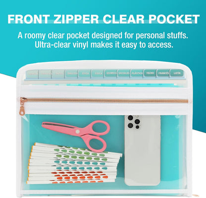 H4D 13 Pocket Expanding File Folder Organizer with Front Clear Pounch, Accordion File Organizer with Zipper Clourse, Fit for Letter Size Papers, Pink