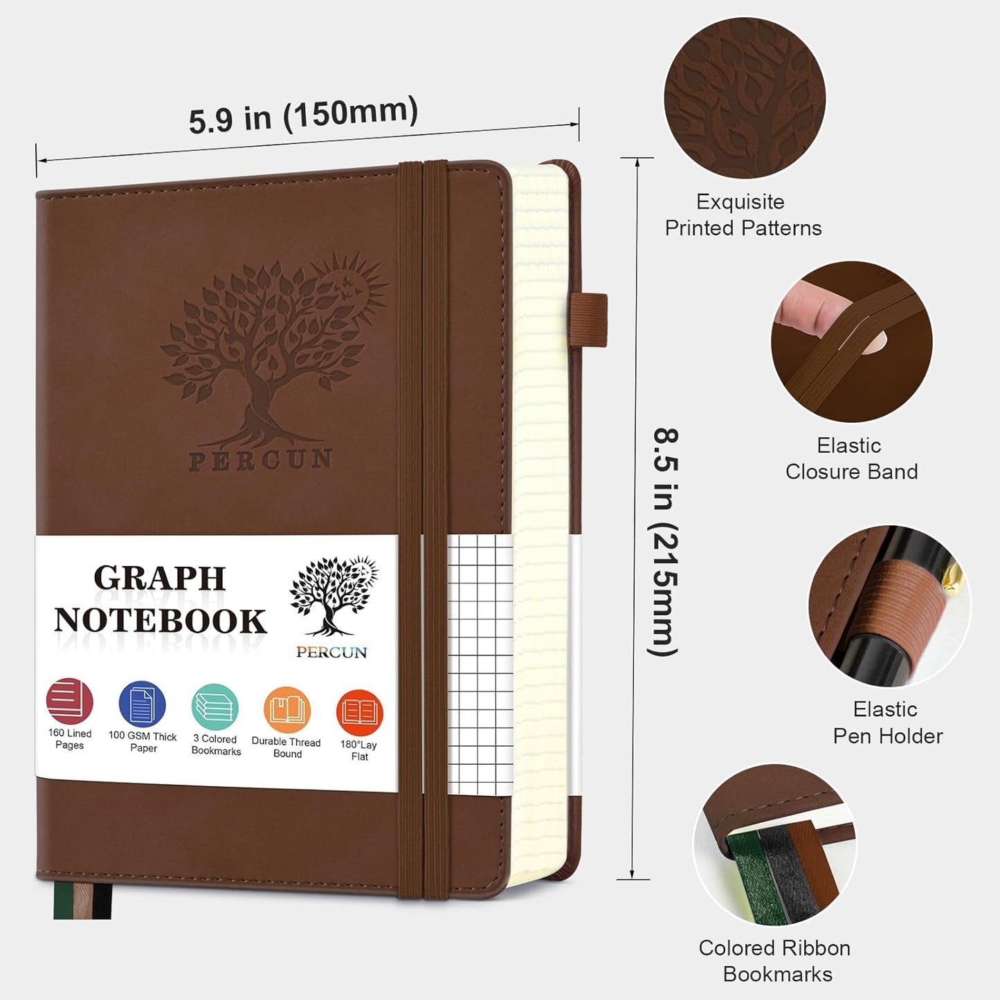 PERCUN Graph Paper Notebook, 160 Pages Grid Journal for women & men, A5 Hardcover Leather Graphing Notebook for School, Work, Travel, Note Taking 5.9”x8.5” (Black)