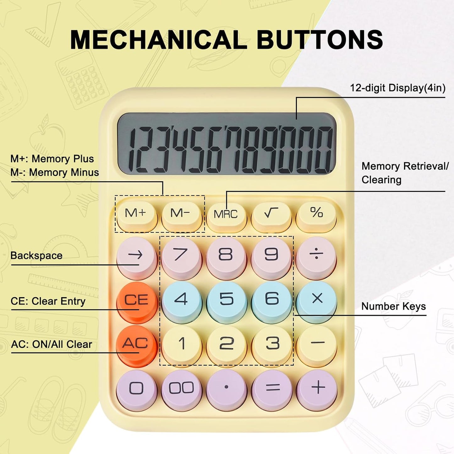 Mechanical Switch Calculator with Big Buttons, Calculators Desktop, 12 Digits, Large LCD Display, Desk Calculator, Cute Pink Calculators for Teachers Students Basic Office (Pink)