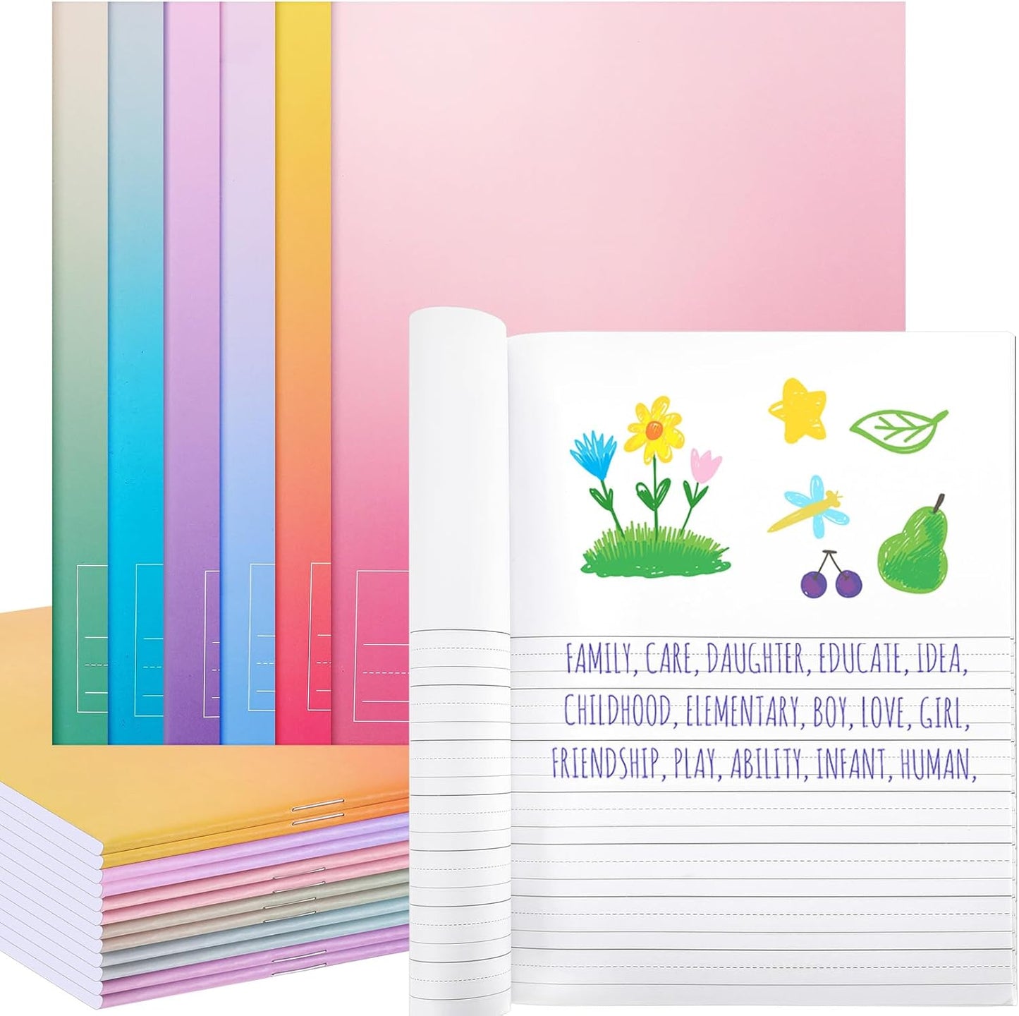 Henoyso 12 Pcs Primary Composition Notebook K-2 Primary Journal, Notebook for Kids Supplies, Bulk Blank Writing Book for Kid to Write Draw Journal 60 Page (9.8″ X 7.5″,Light Color)