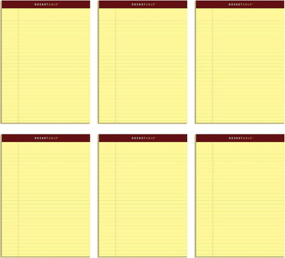 Tops Docket Gold Writing Pads, 8-1/2" x 11-3/4", Legal Rule, Canary Paper, Perforated, 50 Sheets, 6 Pack (63956)