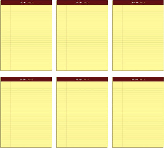 Tops Docket Gold Writing Pads, 8-1/2" x 11-3/4", Legal Rule, Canary Paper, Perforated, 50 Sheets, 6 Pack (63956)