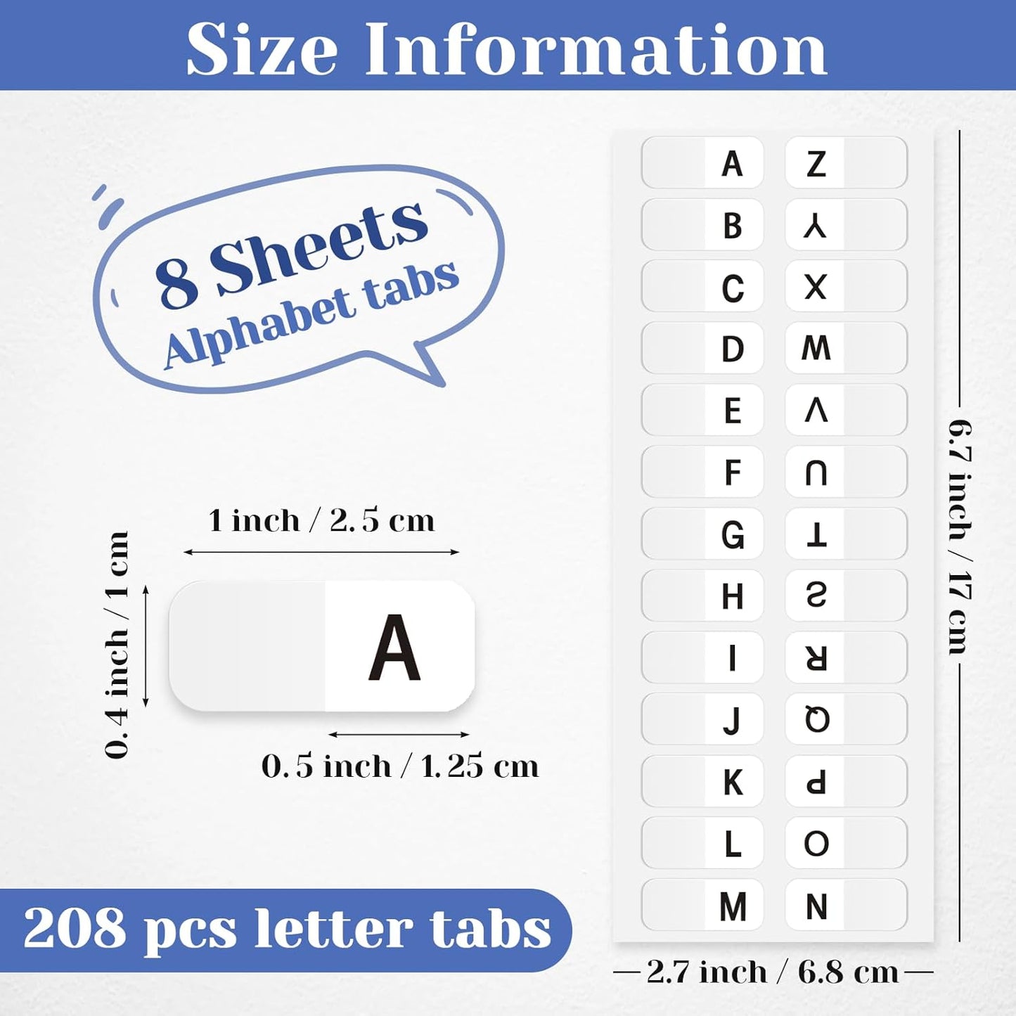 A-Z Sticky Alphabet Tabs, Colorful Self-Adhesive Letter Index Tabs for Notebook, Textbook, Dictionary, and Filing (208 Pcs)