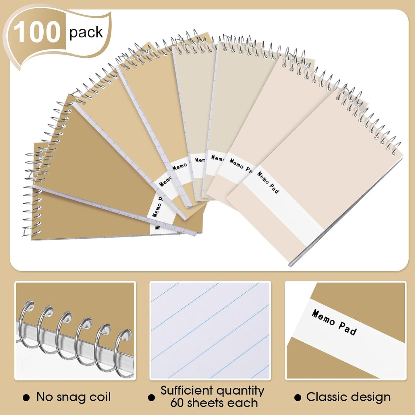 Thenshop 100 Pads Spiral Memo Pads Bulk 3 x 5 Inch Small Pocket Notepad Top Bound Lined 60 Sheets Mini Notebooks for School College Office Home Supplies (Fresh Colors)