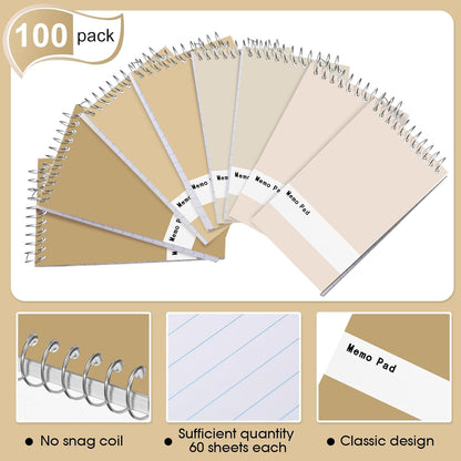 Thenshop 100 Pads Spiral Memo Pads Bulk 3 x 5 Inch Small Pocket Notepad Top Bound Lined 60 Sheets Mini Notebooks for School College Office Home Supplies (Fresh Colors)