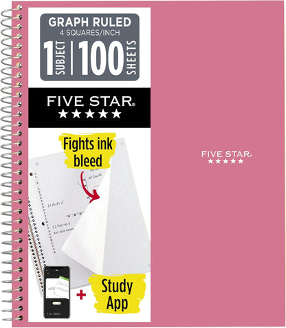 Five Star Spiral Notebook + Study App, 1 Subject, Graph Ruled Paper, 8-1/2" x 11", 100 Sheets, Fights Ink Bleed, Water Resistant Cover, Tidewater Blue (06190AA4)