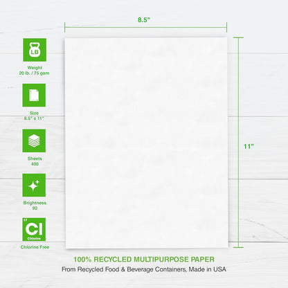 PrintWorks 100% Recycled Printer Paper 8.5" x 11" White - 20 lb Copy & Multipurpose Computer Paper - 3 Packs, 1200 Sheets - Made in the USA - 92 Bright - Printer & Copier Compatible (00018-3)