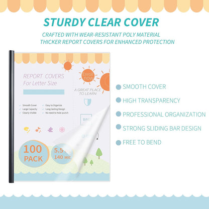 Binditek 12 Pack Clear Report Covers with Black Sliding Bars, 70 Sheet Capacity, 9mm Binding Bars, Letter Size, 5.5 Mil Thick, Black, for Students and Coworkers