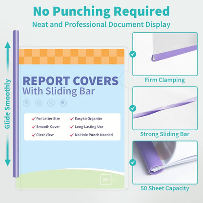 Binditek 10 Pack Clear Report Covers with Sliding Bars, 50 Sheet Capacity, 6mm Sliding Bar File Folder, Purple Gradient, for Students and Coworkers