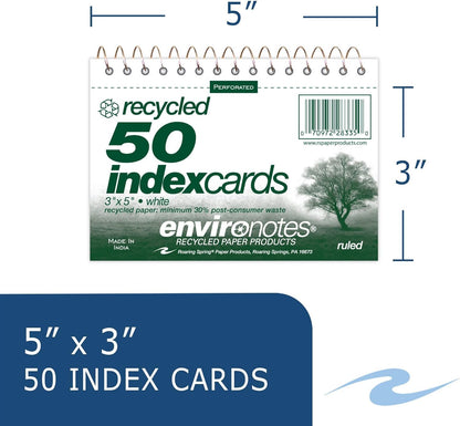 Roaring Spring Wirebound Spiral Bound Recycled Index Cards 3"x5", 50 Count, 100# White Paper, Narrow Ruled, Perforated, Blank on Back, Snag-proof (Pack of 1)