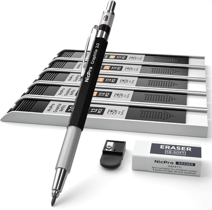 Nicpro 2mm Metal Mechanical Pencil Set with Case, 3PCS Lead Pencil Holder 2.0 mm with 144PCS Lead Refills (4H 2H HB 2B 4B 6B Color), Eraser, Sharpener for Drafting Writing Drawing Sketching