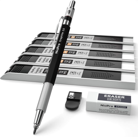 Nicpro 2mm Metal Mechanical Pencil Set with Case, 3PCS Lead Pencil Holder 2.0 mm with 144PCS Lead Refills (4H 2H HB 2B 4B 6B Color), Eraser, Sharpener for Drafting Writing Drawing Sketching