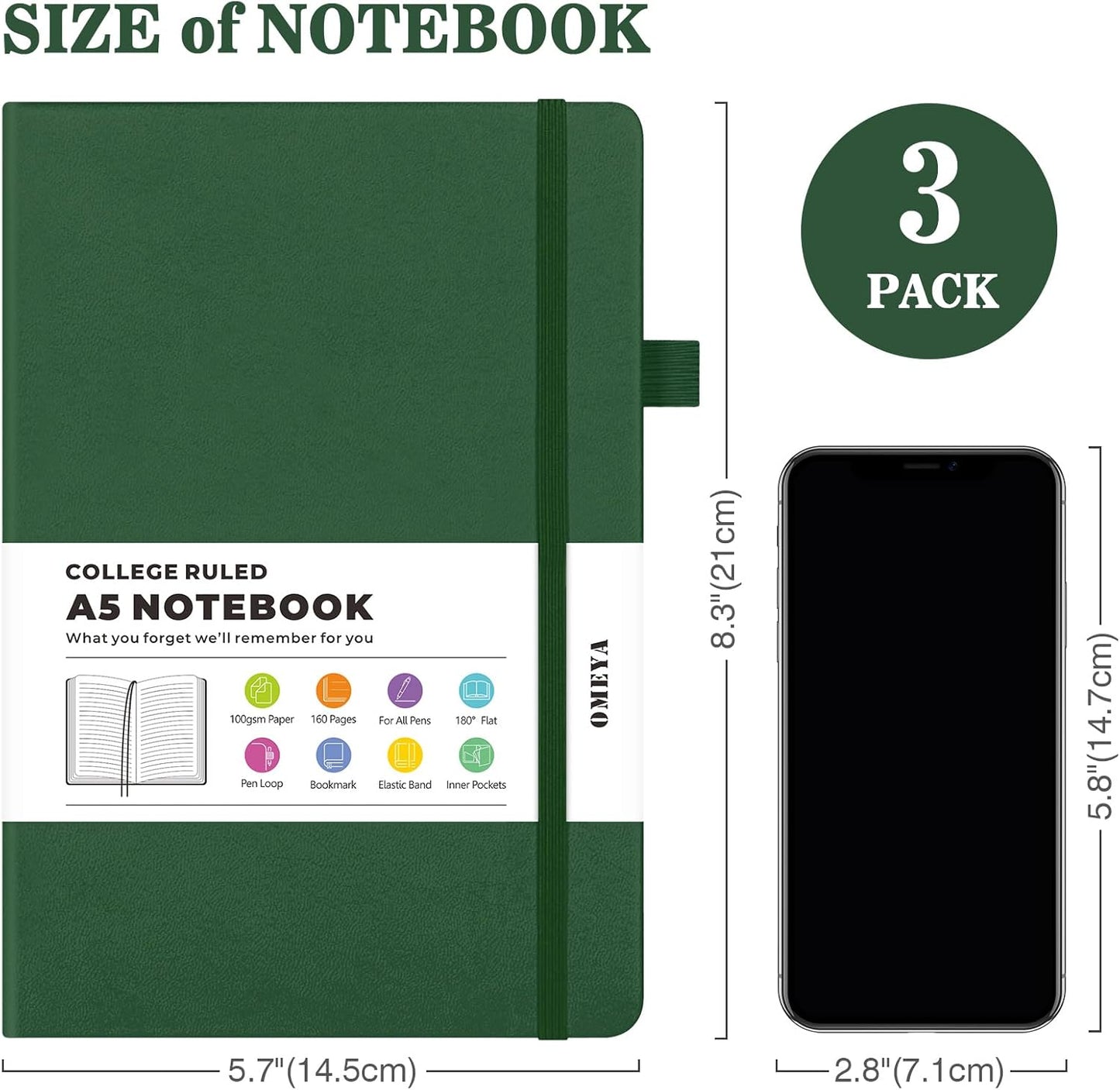 Lined Journal Notebook, 3 Pack A5 College Ruled Notebooks for Work, Hardcover Notebook Each with 2 Pockets & Pen, Leather Journal for Women, Men, 160 Pages, 100GSM Thick Paper (Black, Brown, Grey)