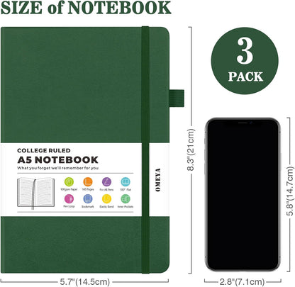 Lined Journal Notebook, 3 Pack A5 College Ruled Notebooks for Work, Hardcover Notebook Each with 2 Pockets & Pen, Leather Journal for Women, Men, 160 Pages, 100GSM Thick Paper (Black, Brown, Grey)