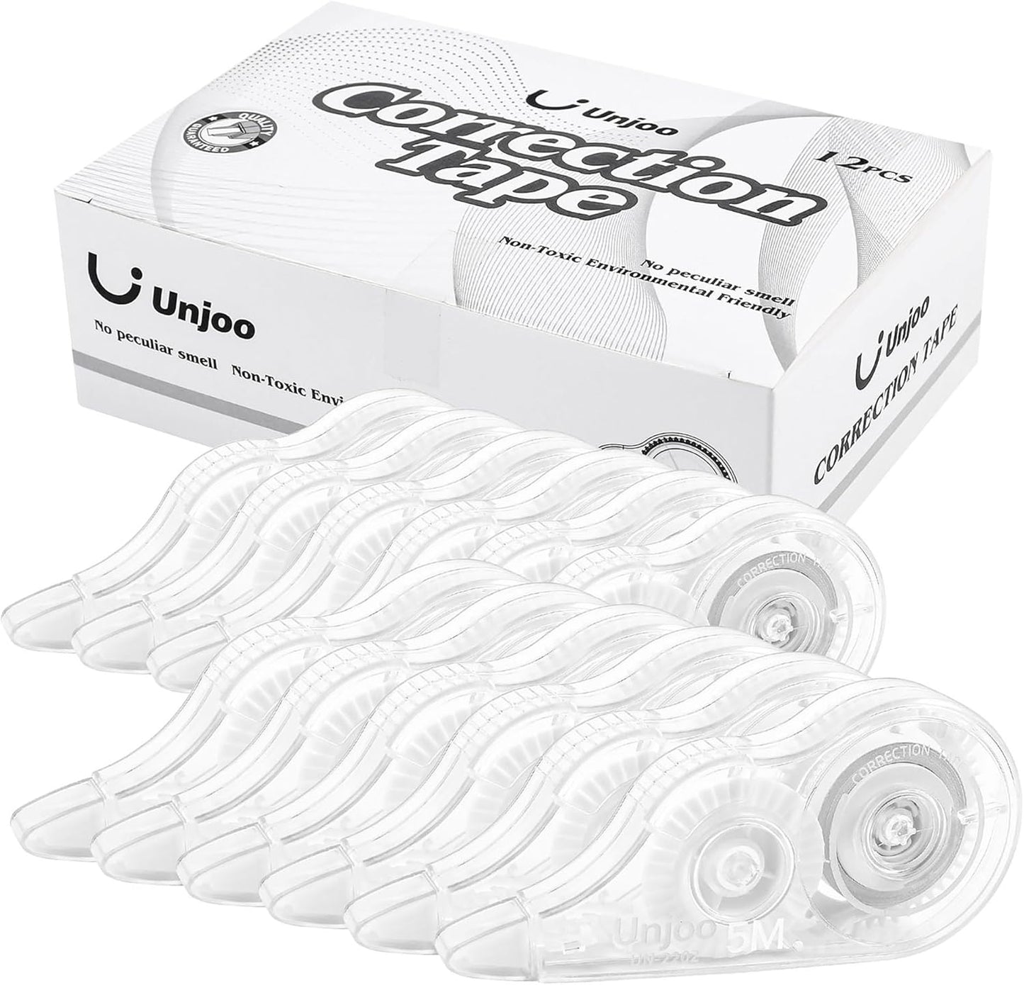 Unjoo White Correction Tape, Easy To Use Applicator for Instant Corrections Wrong Writing At Any Time, For school, Office (12pack, 5M/196" x 0.2", Black)