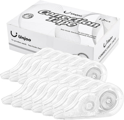 Unjoo White Correction Tape, Easy To Use Applicator for Instant Corrections Wrong Writing At Any Time, For school, Office (12pack, 5M/196" x 0.2", Black)