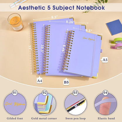 Hardcover Large Spiral Notebook 8.5" x 11" with Removable Dividers Tabs, 300 pages Leather 5 Subject Notebook College Ruled, A4 Journal for Women Men, Notebooks for Work School Note taking,Black
