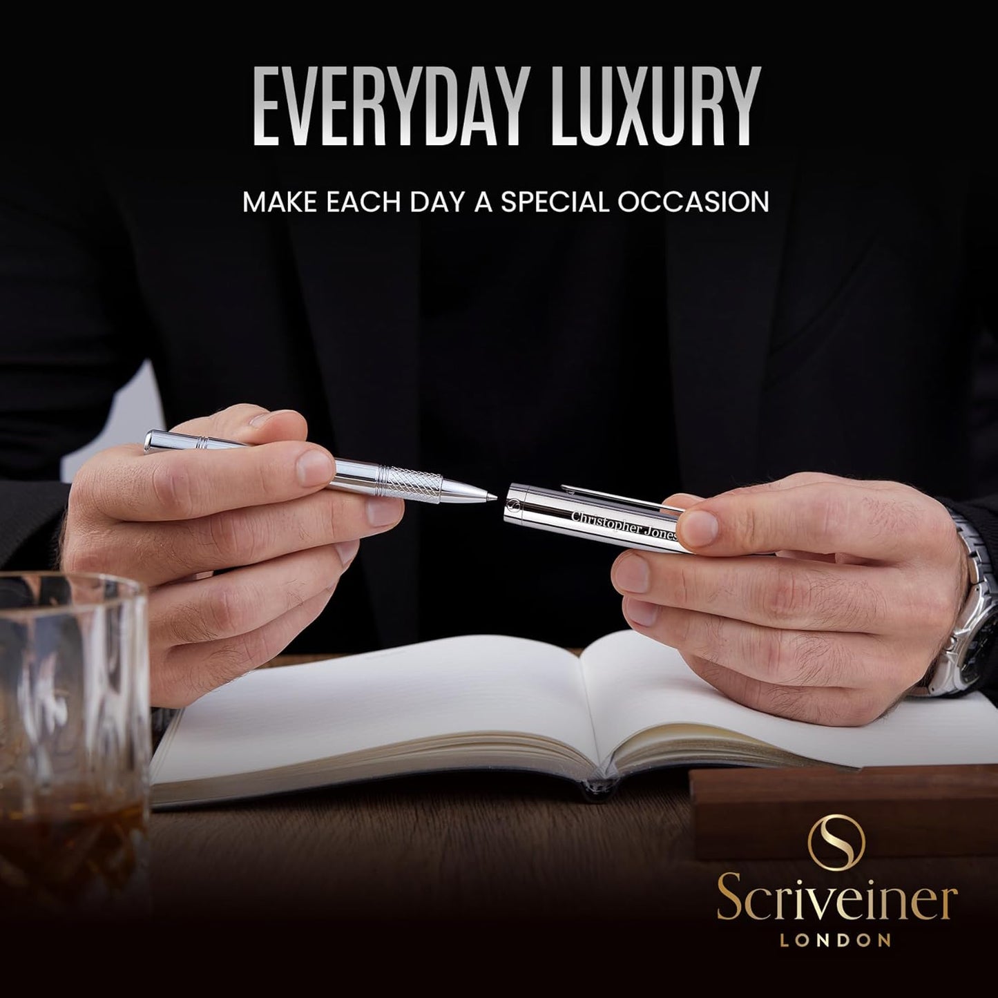 Scriveiner Black Rollerball EDC Luxury Pen, Stunning Pocket Pen with Chrome Finish, Cool Writing, Best Gift for Men & Women, German Schmidt Refill, Nice Present, Fancy Office Designer Set
