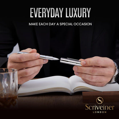 Scriveiner Black Rollerball EDC Luxury Pen, Stunning Pocket Pen with Chrome Finish, Cool Writing, Best Gift for Men & Women, German Schmidt Refill, Nice Present, Fancy Office Designer Set