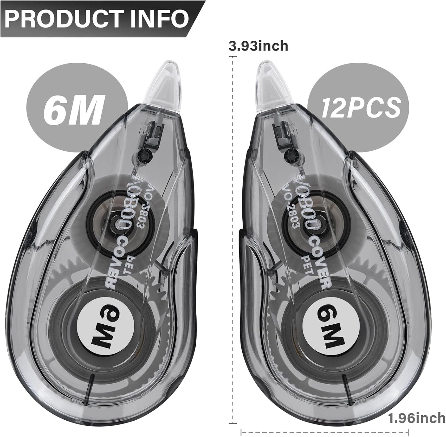 Vobou White Correction Tape Dispenser, Easy To Use Applicator for Instant Corrections, For school, Office (Black, 12pack, 6M/256, Tape Width 0.2in)