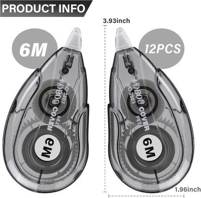 Vobou White Correction Tape Dispenser, Easy To Use Applicator for Instant Corrections, For school, Office (Black, 12pack, 6M/256, Tape Width 0.2in)