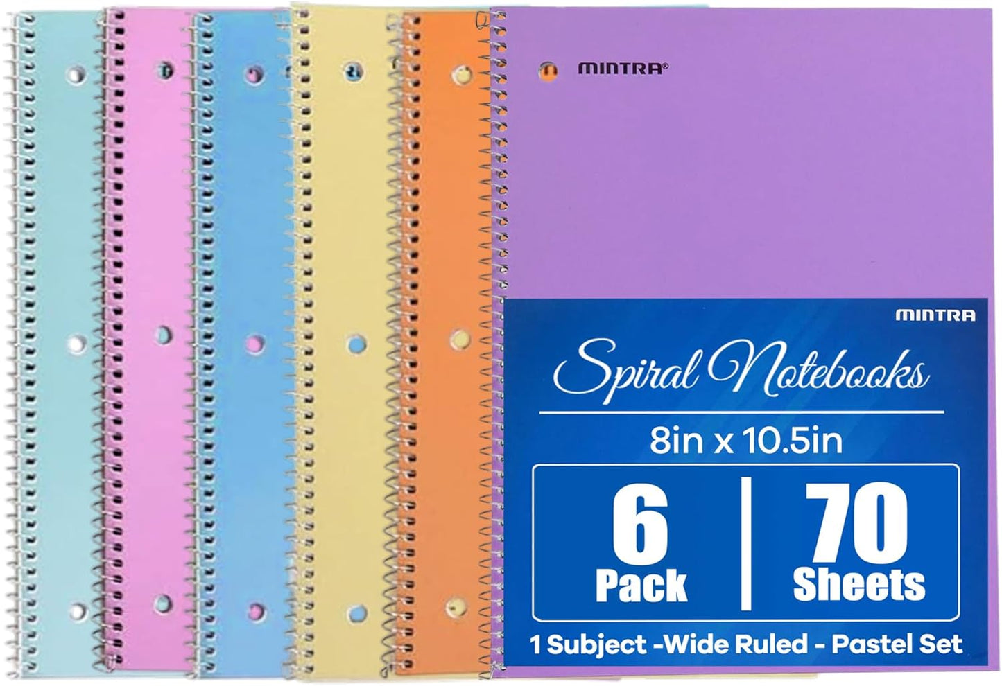 Mintra Office Spiral Notebooks, Wirebound, Journals for School, Work, Business, Aesthetic Stationery, Writing Pads, Teacher & Student Supplies (6, Pastel, College)