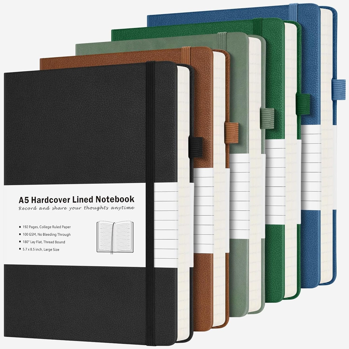 College Ruled Notebook, 5 Pack A5 Hardcover Leather Notebook for Work, Lined Notebook Journal for Women, Men, 100GSM Thick Paper, Large Notebook with Pockets, Professional Business Notebook, 5.7"x8.5"