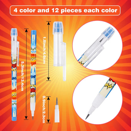 Kolewo4ever 48pcs HB Hero Pencils Kawaii Cute Multipoint Pencil Push Translucent Non Sharpening Stackable Pencils Pop Up Plastic Pencil for Classroom Rewards Carnival Prizes (Hero)