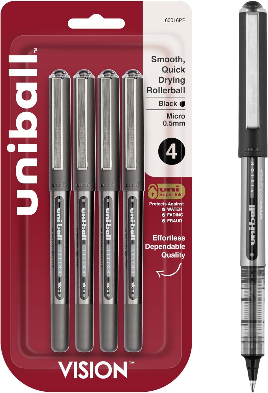 uniball Vision Rollerball Pens, Micro Point (0.5mm), Black, 4 Pack