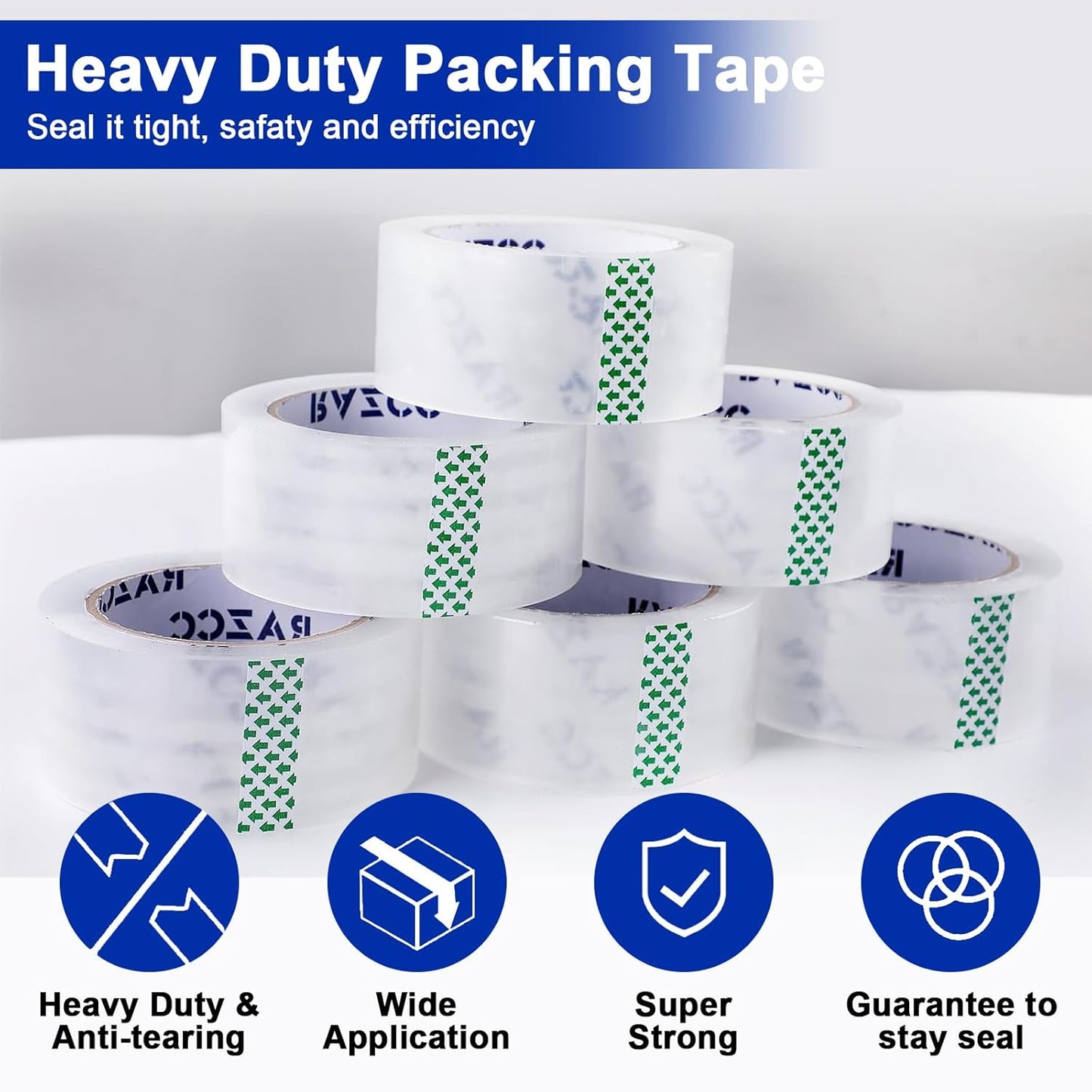 RAZCC Packing Tape, 18 Rolls Clear Heavy Duty Packaging Tape with Dispensers for Packing, Shipping, Moving and Mailing, Thicker Sealing Tape-1.88" x 65 Yards Per Roll, 1170 Total Yards