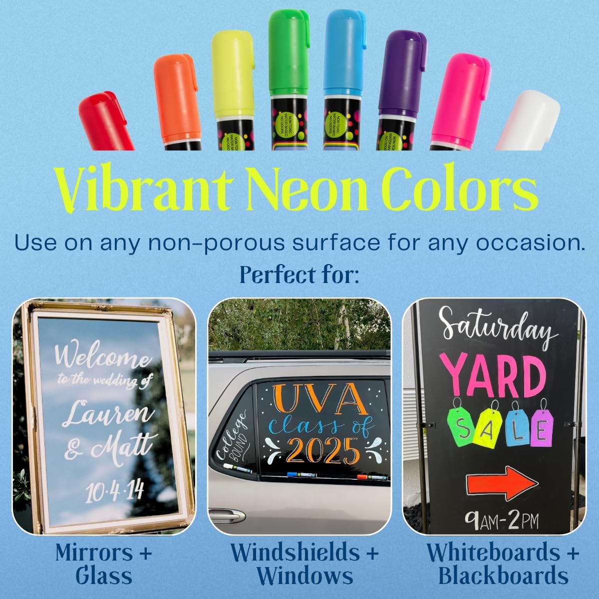 MoodClue Liquid chalk markers 12 neon erasable Whiteboards, glass boards, chalkboards, windows, mirrors, car windshields, auto, glass. Odorless, non-toxic. Wet or dry erase. Thick and thin tip