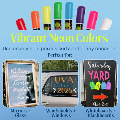 MoodClue Liquid chalk markers 12 neon erasable Whiteboards, glass boards, chalkboards, windows, mirrors, car windshields, auto, glass. Odorless, non-toxic. Wet or dry erase. Thick and thin tip