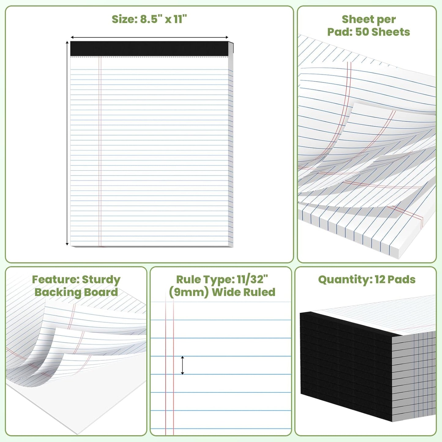 24 Pack Legal Pads 8.5" x 11", Wide Ruled Writing Notepads, 50 Sheets/Pad, Perforated Pages, 1200 Sheets Lined Paper for School Office Supplies