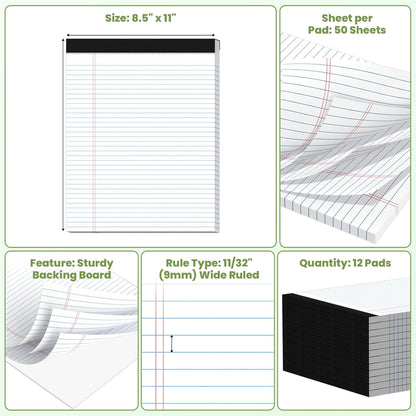 24 Pack Legal Pads 8.5" x 11", Wide Ruled Writing Notepads, 50 Sheets/Pad, Perforated Pages, 1200 Sheets Lined Paper for School Office Supplies