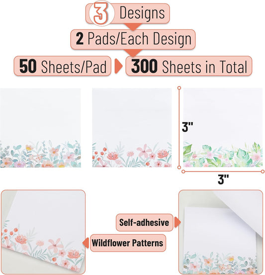 Mr. Pen- Wildflower Sticky Notes, 3"x3", 6 Pack, 300 Sheets, Untamed Flora Sticky Notes, Self-Stick Note Pads, Adorable Memo Pads for Journal, Planners, Office, School, Home, Stationery Gift