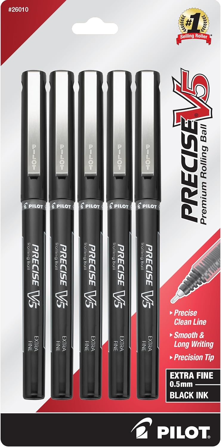 PILOT Precise V5 Stick Liquid Ink Rolling Ball Stick Pens, Extra Fine Point (0.5mm) Black Ink, 5-Pack (26010)