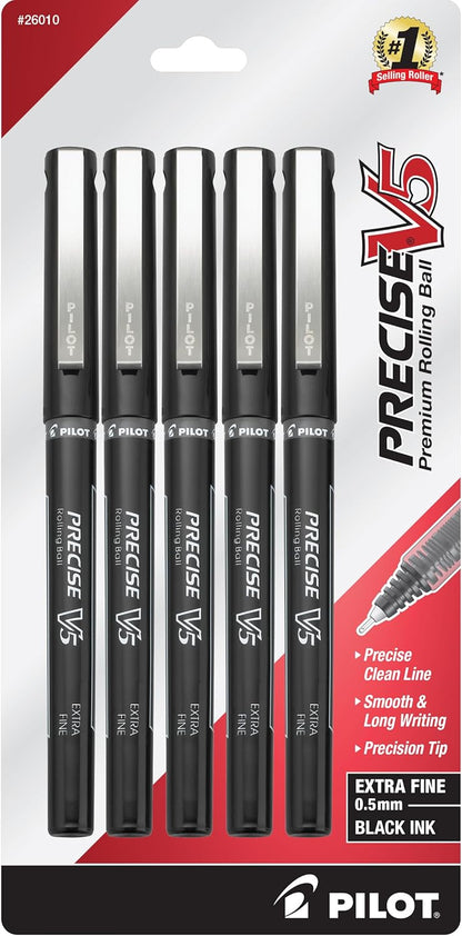 PILOT Precise V5 Stick Liquid Ink Rolling Ball Stick Pens, Extra Fine Point (0.5mm) Black Ink, 5-Pack (26010)