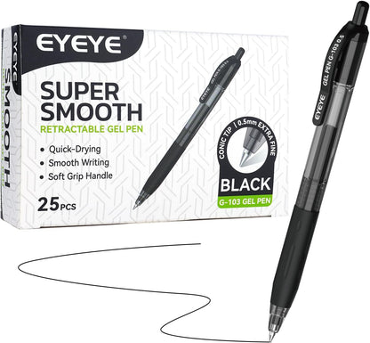 EYEYE G-103 Retractable Gel Pens Black 50 Pack, 0.5mm Extra Fine Point Ink Pen Quick Dry, Ballpoint Pen Fine Point Smooth Writing Pens for for Office School Supplies