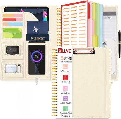 Grey Foldable Spiral Clipboard Folio with Storage Zipper Pouch, 5 Plastic Folders with Pockets,Refillable Lined Notepad (8.5" x 11"), Hardcover Project Organizer with 39 Stickers