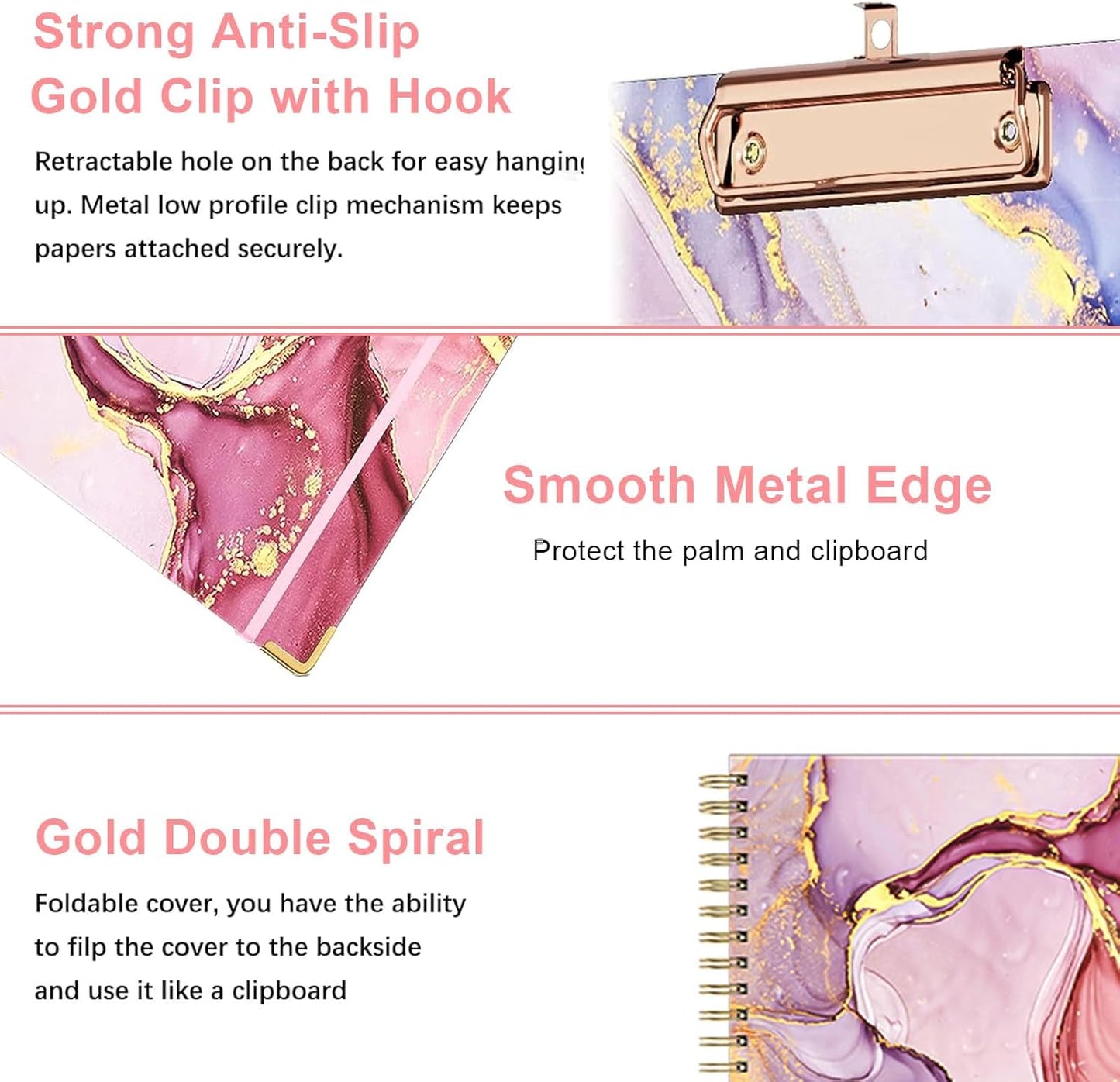 Clipboard Folio with Refillable Notepads, Marble Clipfolio with 5 Dividers with 10 Pockets, Spiral Clipboard Folder Design for School, Office, Work, Teacher, Students, Nurses (Pink, 9.4 x 12.8)