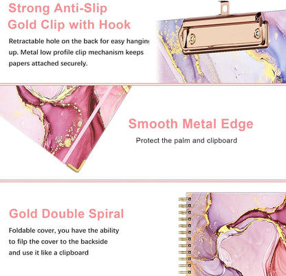 Clipboard Folio with Refillable Notepads, Marble Clipfolio with 5 Dividers with 10 Pockets, Spiral Clipboard Folder Design for School, Office, Work, Teacher, Students, Nurses (Pink, 9.4 x 12.8)