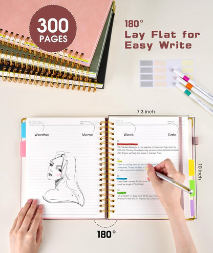 Hardcover Spiral Notebook Journal with Removable Dividers Tabs, 300 Pages Leather 5 Subject Notebook College Ruled, 8"x10" Large B5 Notebooks for Work School Note taking, Lined Journal for Women, Pink