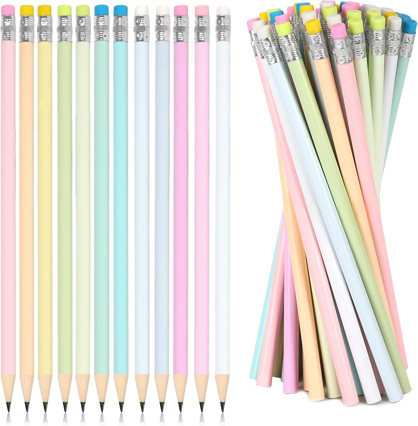 Whaline 48Pcs Colorful Pencils with Erasers Back to School Rainbow Color Wooden Pencil Unsharpened Writing Drawing Pencil for Students Graduation School Office Stationery Gift