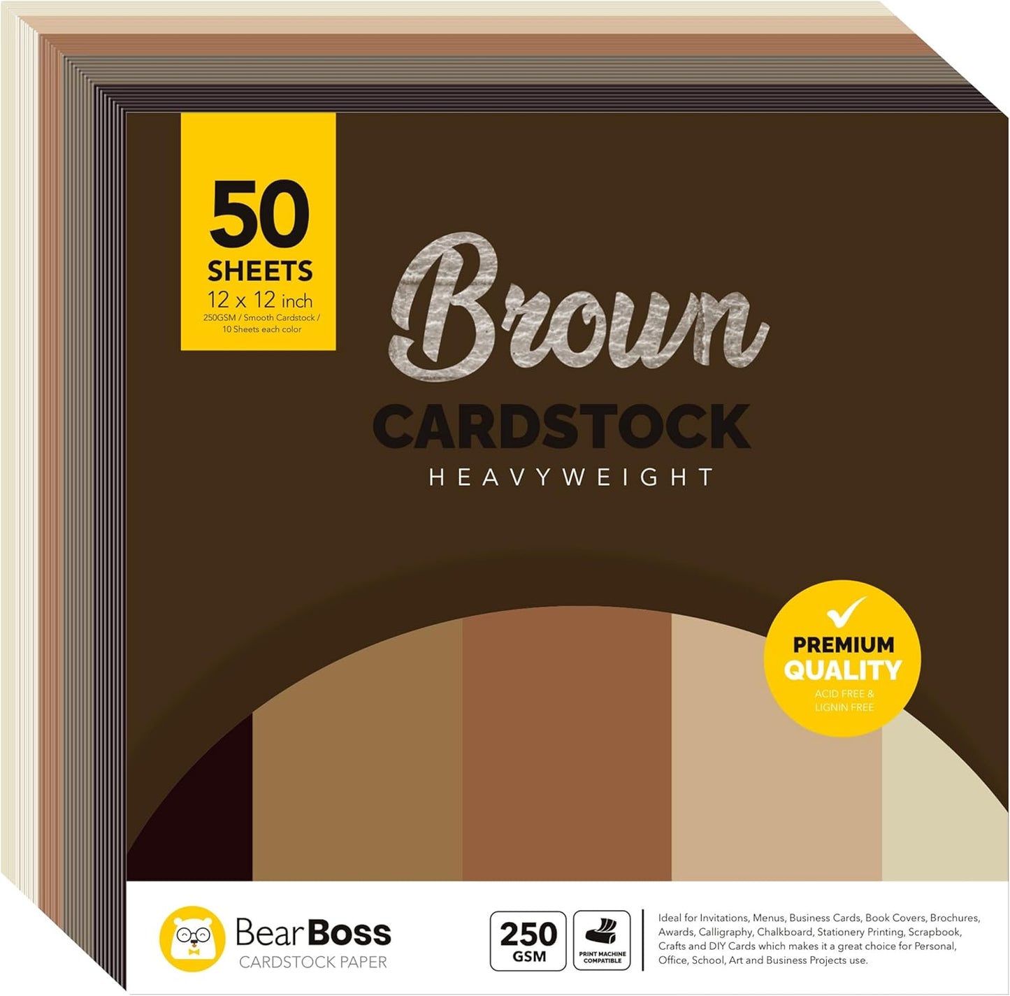BearBoss Brown Kraft Cardstock Paper 12x12 inch 50 Sheets, Heavyweight 92lb Cover for Crafts DIY Cards Making