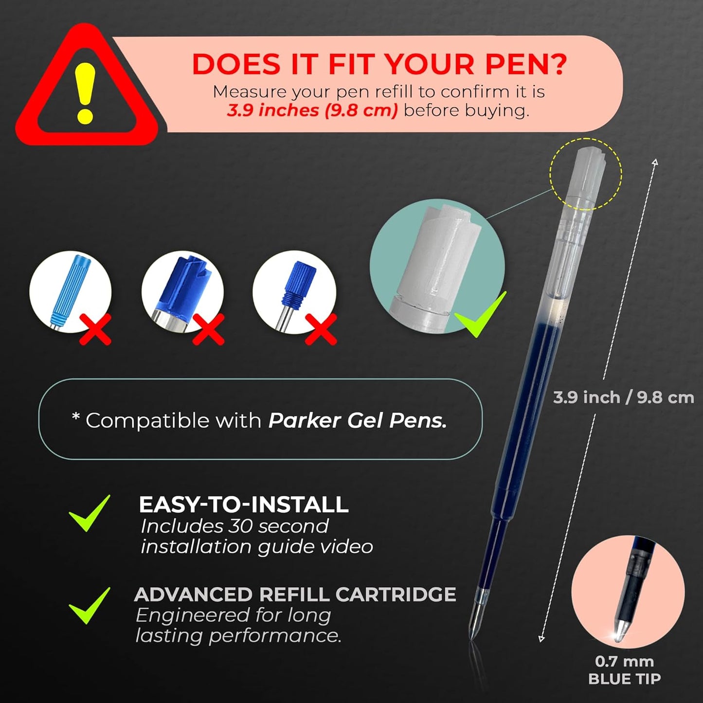 MESMOS 6 Pack 3.9 inch (9.8cm) Pen Refills Ballpoint, Compatible with Ballpoint Parker Pen, (Black Ink)