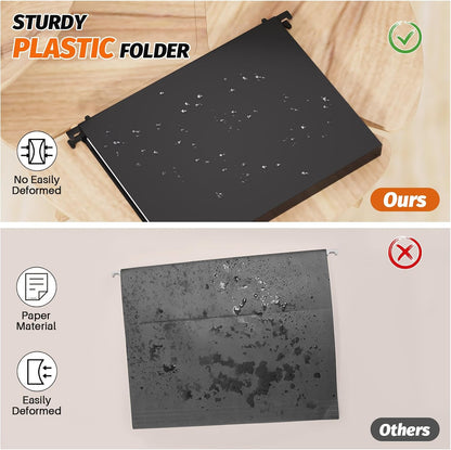 SHUTEX Extra Capacity Plastic Hanging File Folders,12 Pack Reinforced Hang Folder,Heavy Duty 1 Inch Expansion,Filing Cabinet Folders Letter Size for Bulk Files/Medical Charts, Black