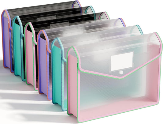 ABC life 6 Pack Plastic Expanding File Folder, Folders for Documents with Snap Closure, Colorful File Folder Organizer Holder, Transparent Accordion File Pouch,Large Capacity, Fit Letter/A4 Size